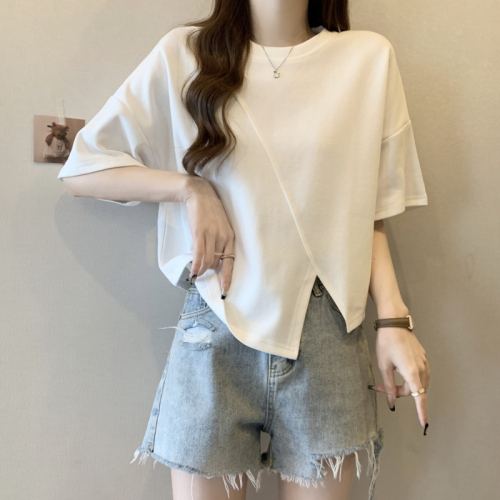 Pure cotton short-sleeved T-shirt for women summer 2024 Korean style new design slit solid color versatile top