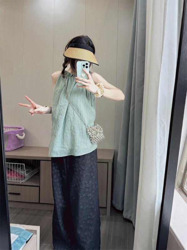 Halterneck lace-up green plaid vest for women summer versatile loose A-line casual sleeveless top