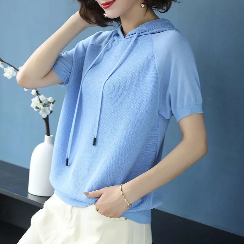 Hooded fashionable short-sleeved t-shirt for women new middle-aged mother summer clothes tops t-shirt ice silk sweater