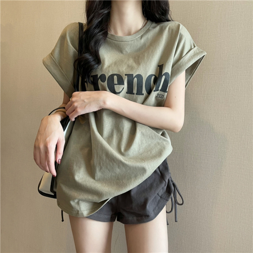 Ins slimming rolled edge dropped shoulder design T-shirt for women