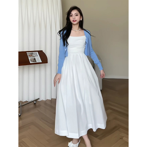 New suspender dress women's summer white long skirt suit slim tea break French style high-end