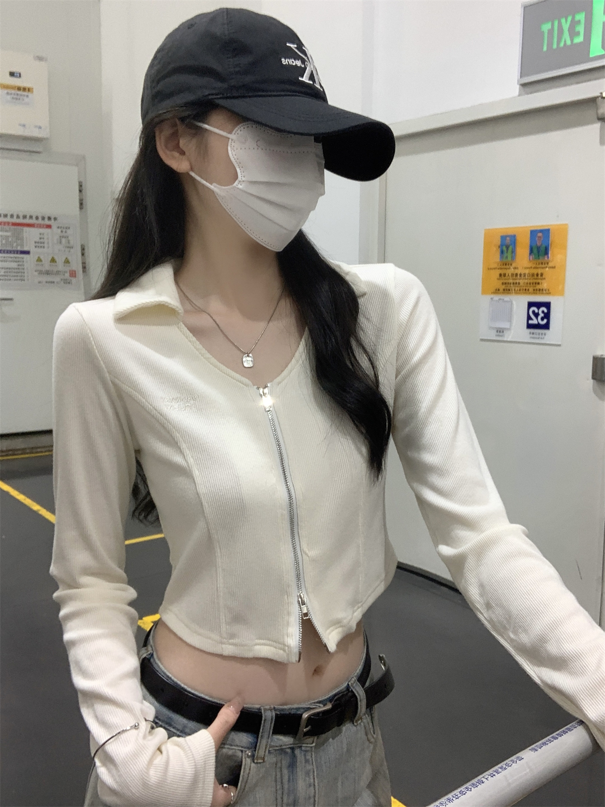 Actual shot of 2024 early autumn new temperament polo collar fishbone double zipper long-sleeved T-shirt cardigan jacket for women