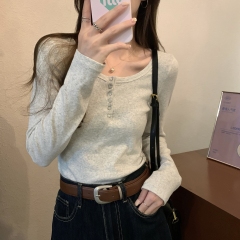 Real shot Autumn 2024 Korean style slim-fit solid color button design pure cotton long-sleeved bottoming top women's T-shirt