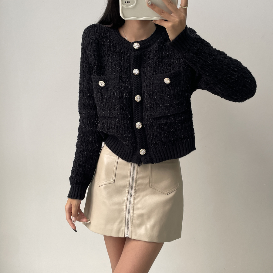 Actual Shoot Korean Style Chanel Wind Blown Quality Blended Short Length Tapered Sweater with Thick Cardigan
