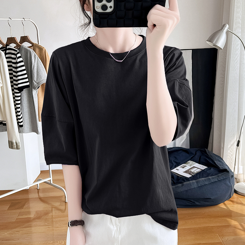 Korean lantern sleeve pure cotton short-sleeved T-shirt for women 2024 summer loose age-reducing top French round neck bottoming T-shirt