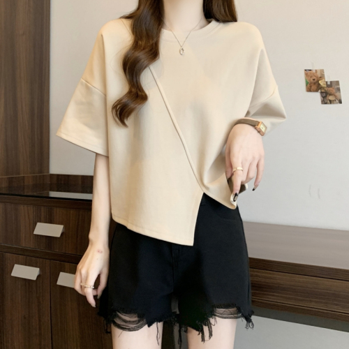 Pure cotton short-sleeved T-shirt for women summer 2024 Korean style new design slit solid color versatile top