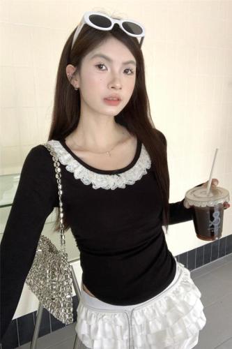 Real shot ~ Early autumn French lace bow T-shirt women's short design long-sleeved top