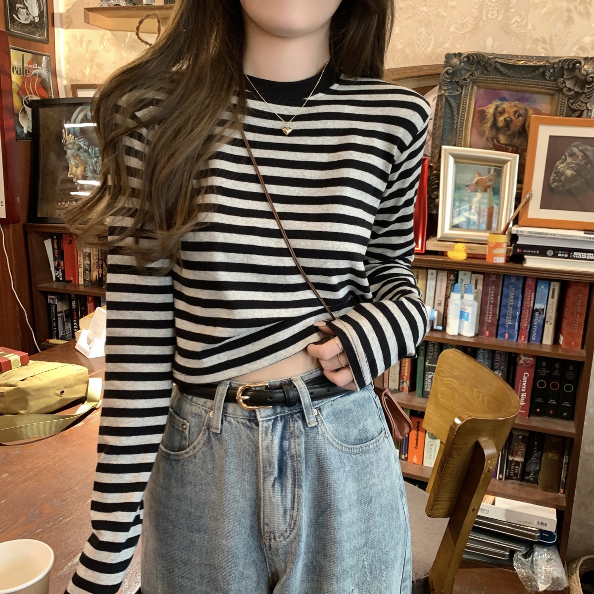 Actual shot of early autumn Korean style contrasting striped short style versatile pure cotton inner long-sleeved women's T-shirt top