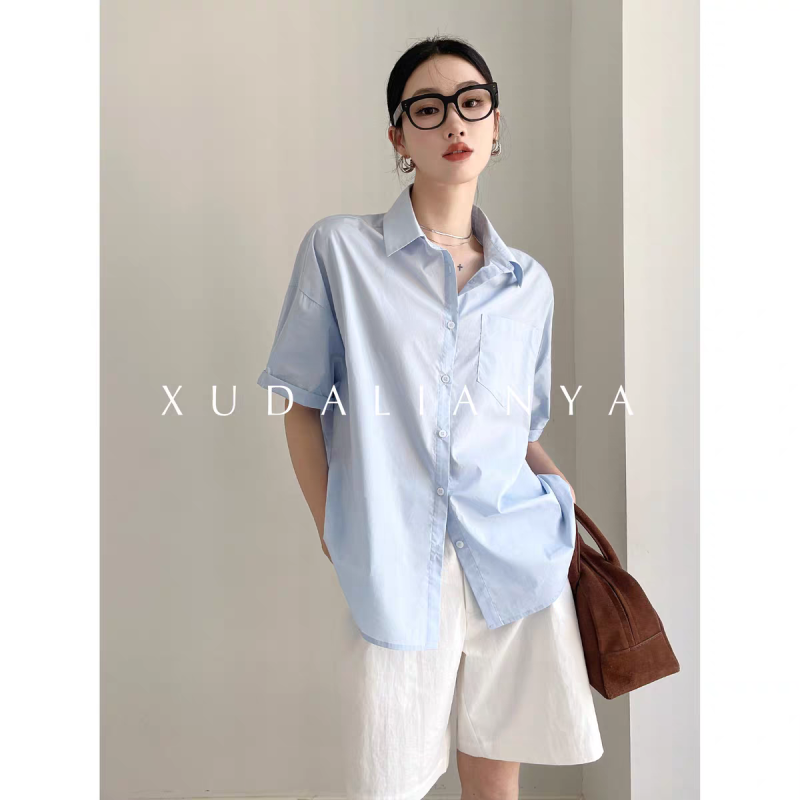 Xu Dalian's customized refreshing boyish shirt summer new Xinjiang cotton blue curled short-sleeved top for women
