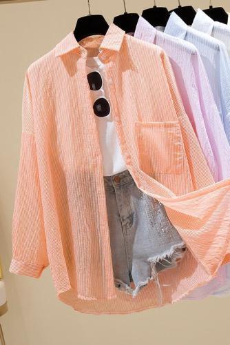 Summer mid-length sun protection clothes for women ins trendy Korean style loose striped shirt thin jacket