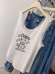 White u-neck puppy lace suspender girl summer hot girl loose sleeveless top wear outside
