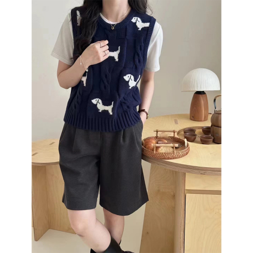 2024 Autumn Clothes New Home Female Style Pullover Puppy Embroidered Vest Vest Knitted Cotton Vest Clip Loose Waistcoat