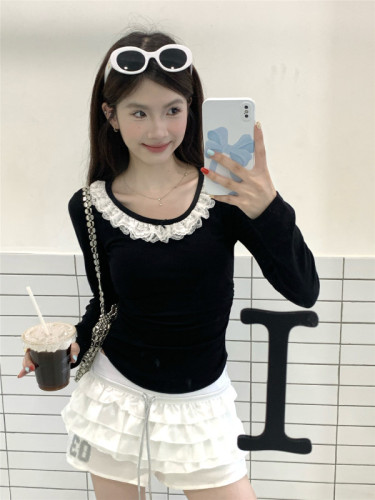 Real shot ~ Early autumn French lace bow T-shirt women's short design long-sleeved top