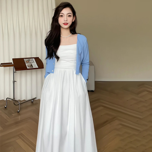 New suspender dress women's summer white long skirt suit slim tea break French style high-end