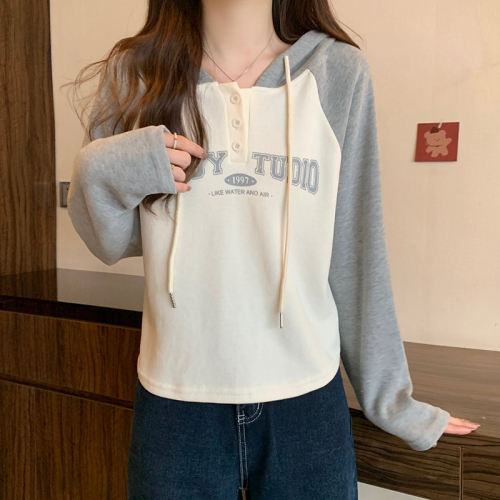 Actual shot of new long-sleeved T-shirt sweatshirt for women, autumn and winter short Korean style hooded slimming bottoming shirt for women