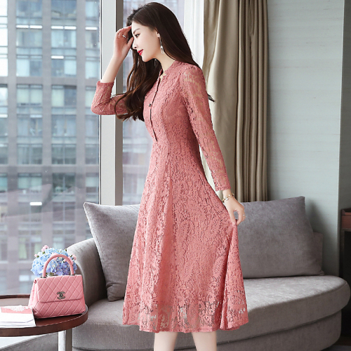 Actual shot of new autumn clothing, lace slimming temperament, women's solid color long-sleeved plus size dress, mother's long dress