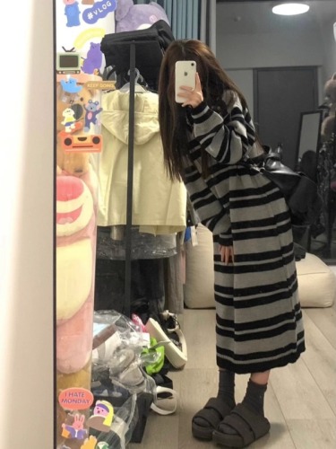 Lazy Style Striped Knit Dress with Loose Medium-Length for Autumn/Winter New Layering Underwear Skirt