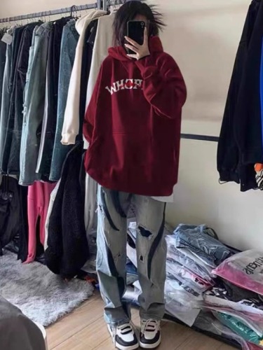 American retro burgundy hooded sweatshirt for women in autumn and winter niche oversize loose jacket trendy bestie outfit