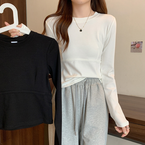 Real shot Korean style right shoulder round neck long sleeve T-shirt for women spring and autumn design fishbone line versatile bottoming inner top