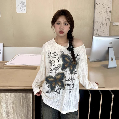 Official photo American retro butterfly patch embroidered sweater for women autumn design loose off-shoulder top