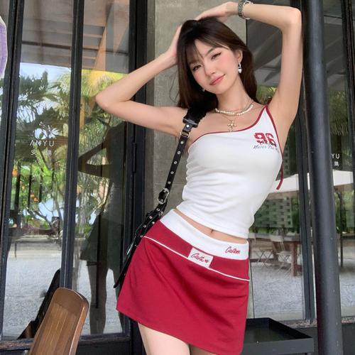 American Retro Print Hot Girl Camisole Summer New Women's Contrast Color Sloping Shoulder Design Stretch Top Suit