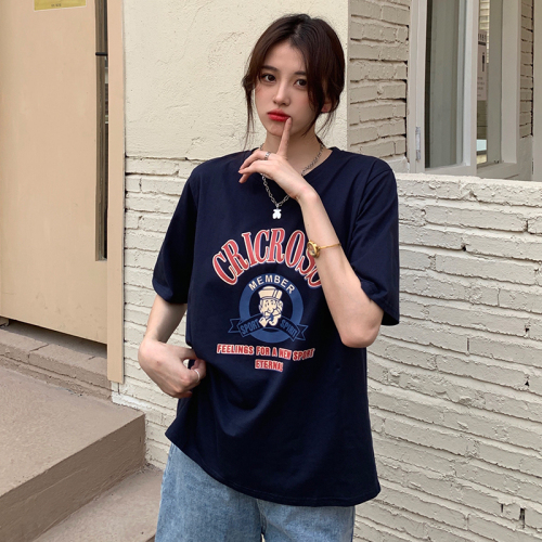 Pure cotton American retro T-shirt for women in spring and summer loose and versatile casual round neck top