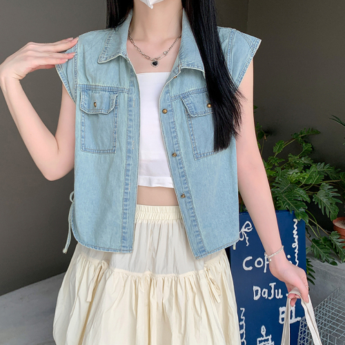 Real shot of flying sleeve denim shirt women's summer sleeveless top high-end 2024 new short jacket