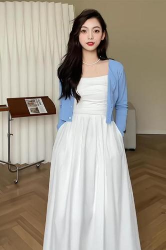 New suspender dress women's summer white long skirt suit slim tea break French style high-end