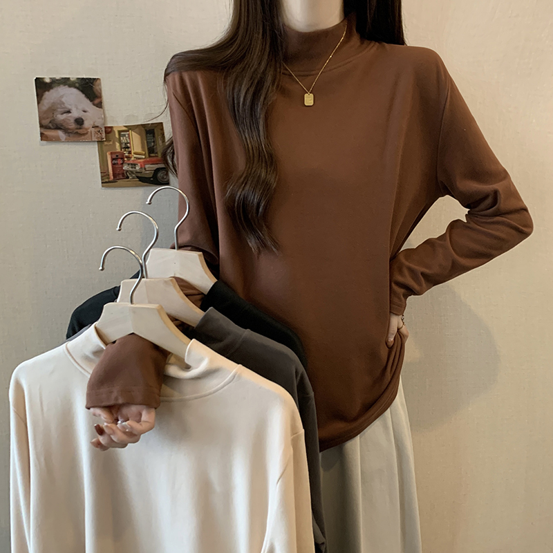 Photographed Plus Size Women's Autumn/Winter New Fashion Semi High Collar Fleece Warm Base Layer Top Solid Color Simple and Versatile Top