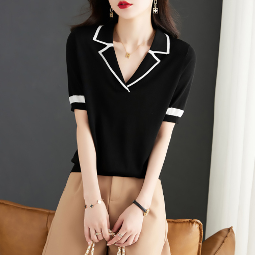 Short-sleeved t-shirt women's summer new style polo shirt thin ice silk t-shirt women's knitted top