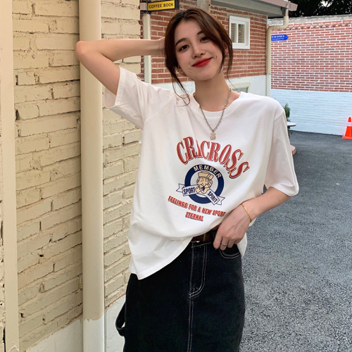 Pure cotton American retro T-shirt for women in spring and summer loose and versatile casual round neck top