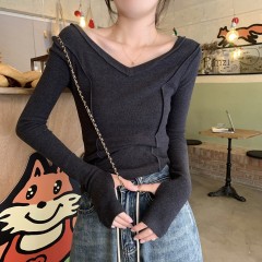 Real shot Autumn Korean style v-neck with fishbone design slim-fitting bottoming shirt long-sleeved T-shirt women's top