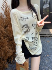 Real shot, real lazy cartoon print thin long-sleeved T-shirt women's loose sun protection blouse top