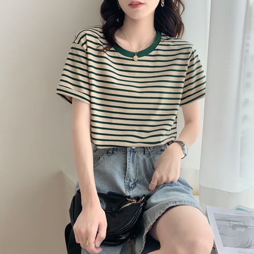 Retro Striped Short Sleeve T-Shirt Women's Summer 2024 New Contrast Color Stitching Versatile Round Neck Top