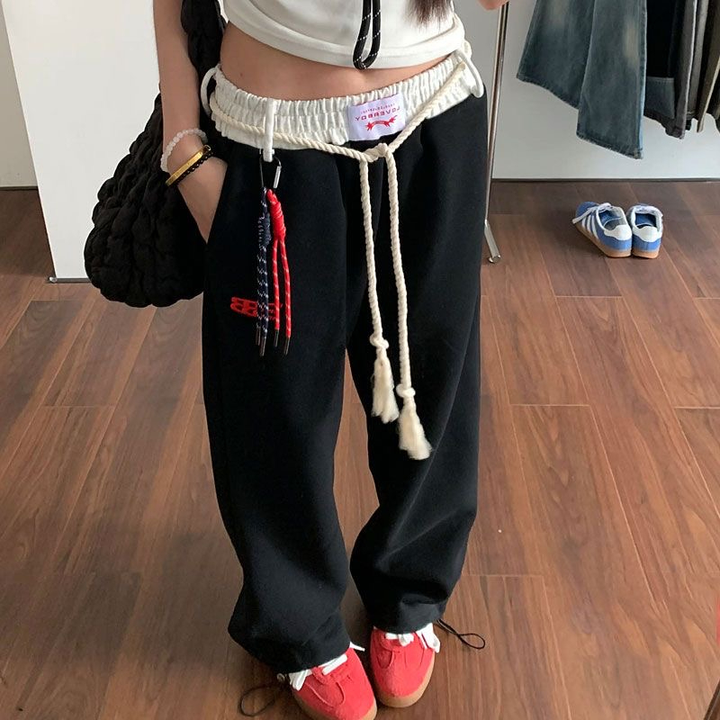 Pure Cotton Hua Cotton Autumn American Retro Drawstring Color Matching Spliced Straight Leg Loose Casual Trousers 
