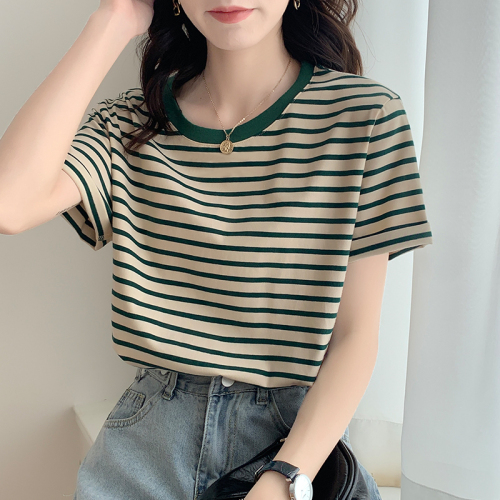 Retro Striped Short Sleeve T-Shirt Women's Summer 2024 New Contrast Color Stitching Versatile Round Neck Top