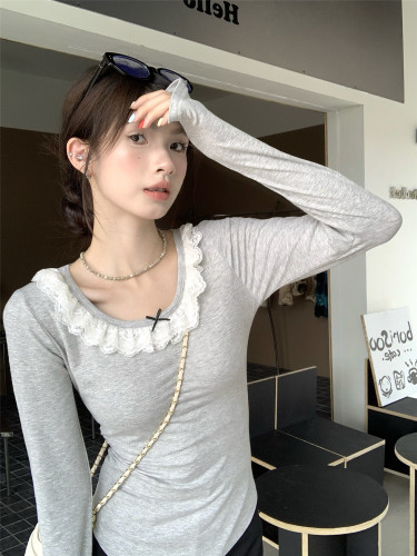 Real shot ~ Early autumn French lace bow T-shirt women's short design long-sleeved top