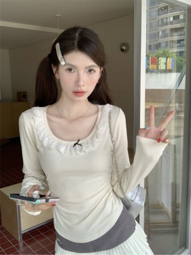 Real shot ~ Early autumn French lace bow T-shirt women's short design long-sleeved top