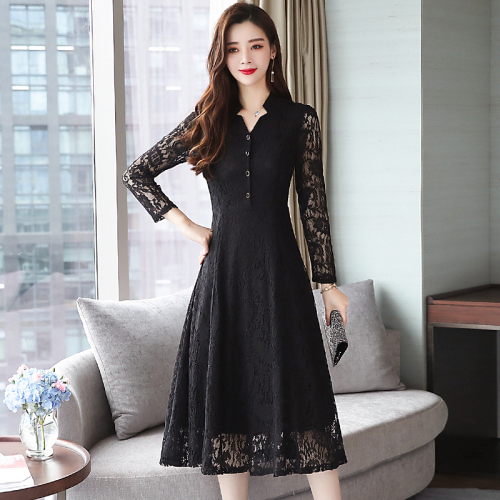Actual shot of new autumn clothing, lace slimming temperament, women's solid color long-sleeved plus size dress, mother's long dress