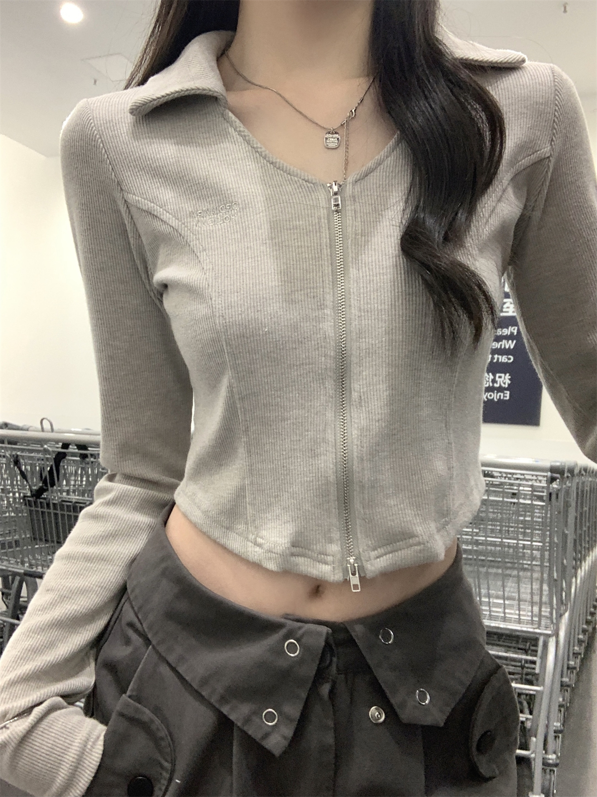 Actual shot of 2024 early autumn temperament polo collar fishbone slimming double zipper long-sleeved T-shirt cardigan jacket for women