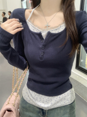 Actual shot of the new Autumn Pure Desire Contrast Color Fake Two Piece Spliced ​​Floral Halter Button Design Long Sleeve T-Shirt Top