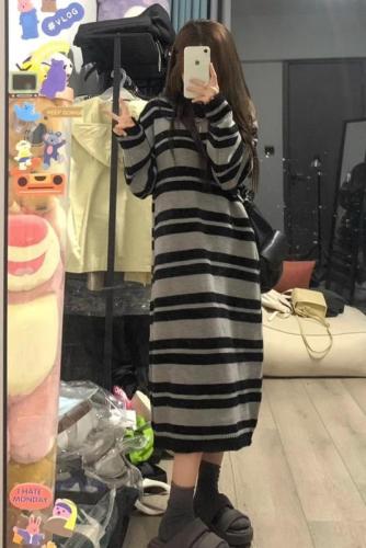 Lazy Style Striped Knit Dress with Loose Medium-Length for Autumn/Winter New Layering Underwear Skirt
