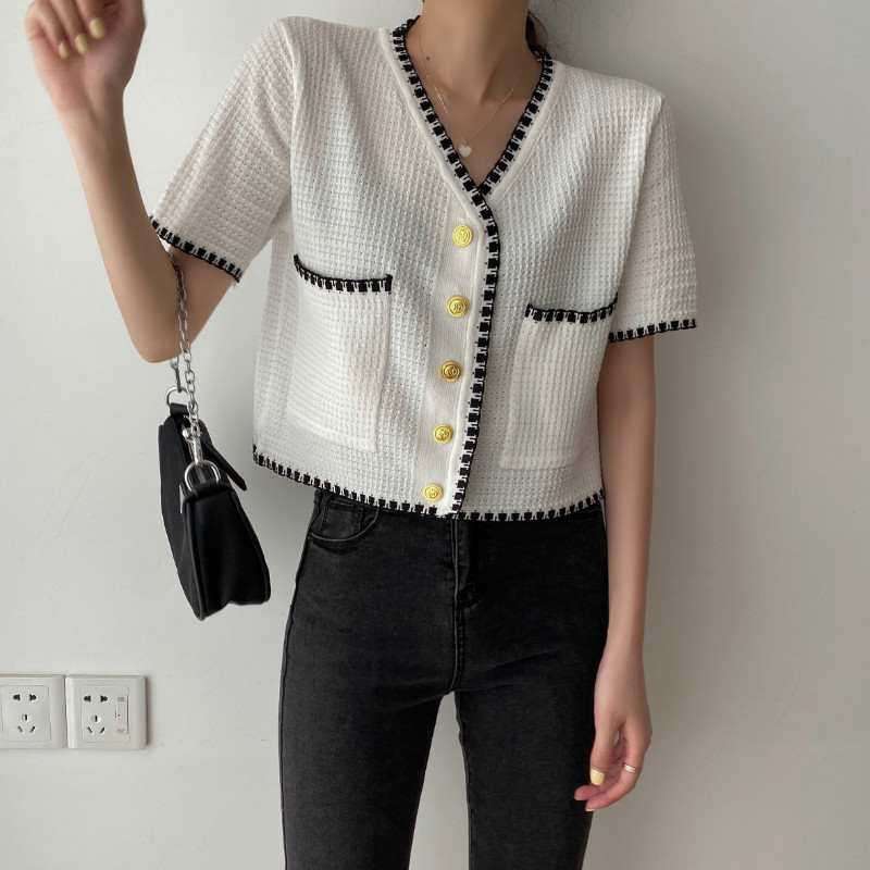 Heavy industry small fragrant style metal buckle braided collar sweater short-sleeved top for women