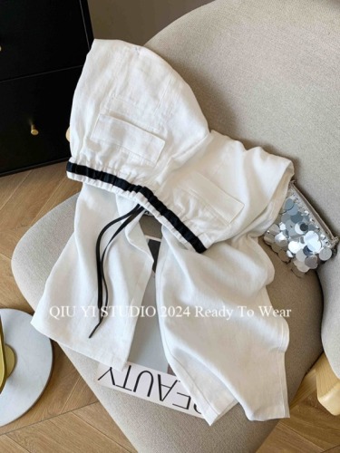 High-end women's clothing!  Old money style white cotton and linen drawstring elastic waist wide leg 2024 summer high waist casual pants