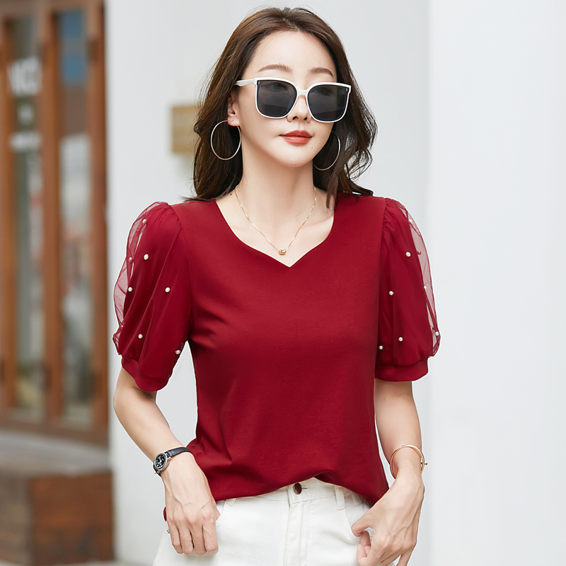 Summer style new stylish and versatile short-sleeved chiffon beaded T-shirt slimming solid color v-neck loose outer wear