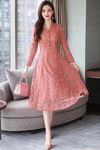Actual shot of new autumn clothing, lace slimming temperament, women's solid color long-sleeved plus size dress, mother's long dress