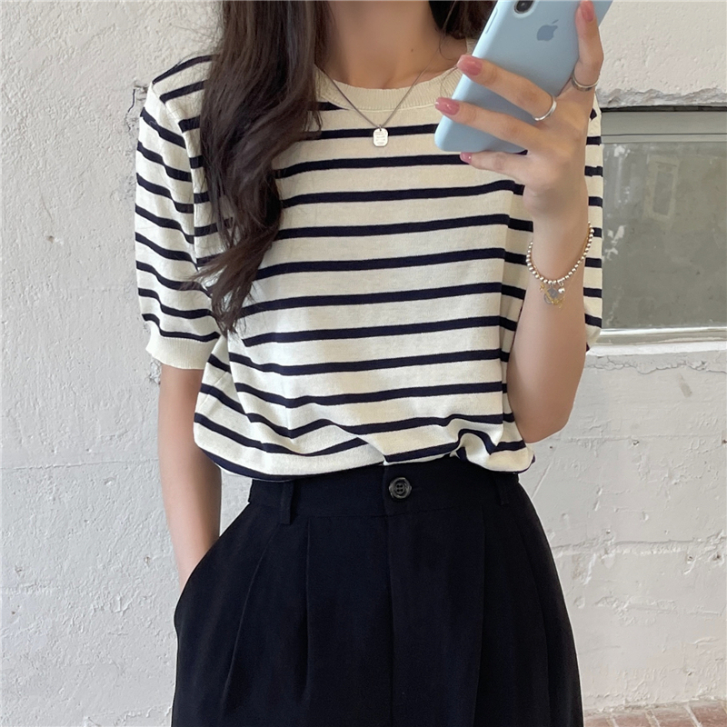 Loose round neck retro ice silk striped sweater thin short-sleeved loose T-shirt