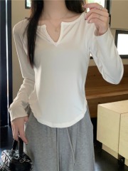 Real shot, real autumn new design button V-neck slim long-sleeved T-shirt top