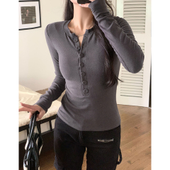 Actual shot of pure desire half-open collar button-down long-sleeved T-shirt for women in autumn new elastic slim bottoming shirt top