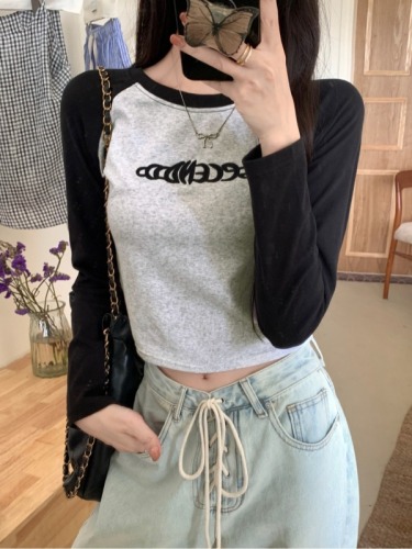 Real shot Korean foreign trade new 40 count pure cotton 2024 autumn long-sleeved T-shirt women's embroidered letters